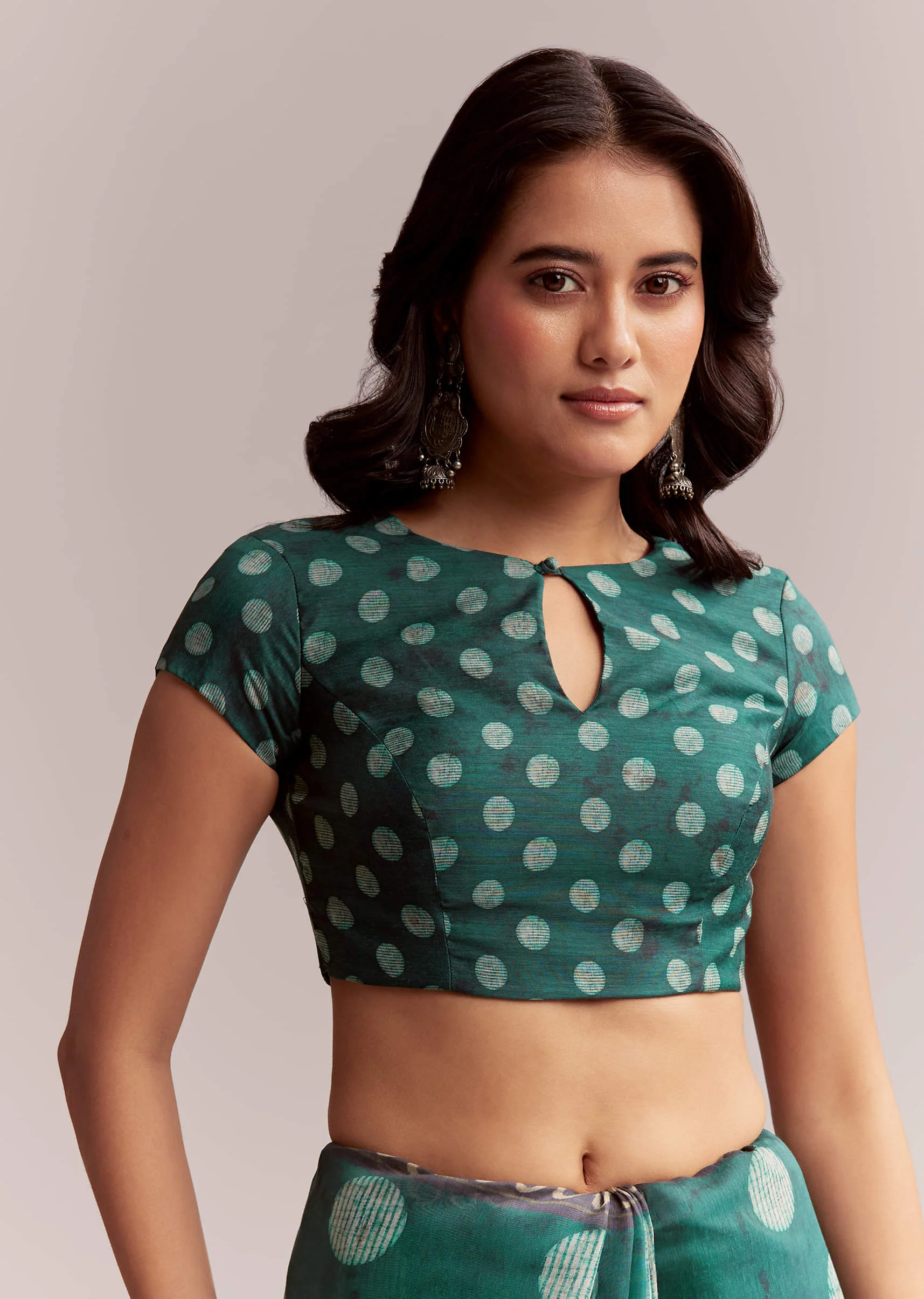Teal Green Linen Printed Saree With Handcrafted Ajrakh Work