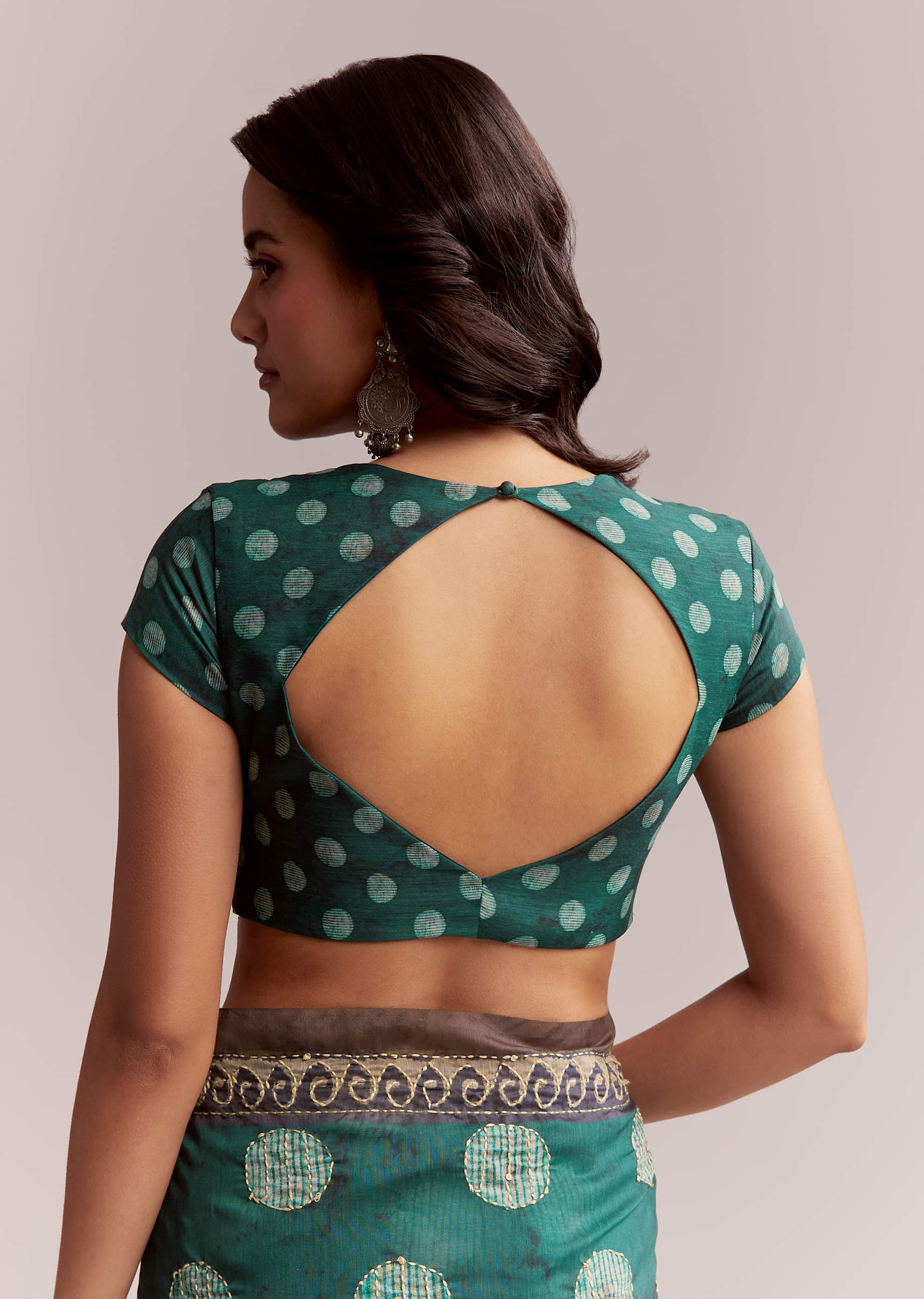 Teal Green Linen Printed Saree With Handcrafted Ajrakh Work