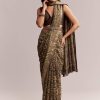 Dark Beige Linen Printed Saree With Authentic Floral Ajrakh Print