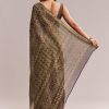 Dark Beige Linen Printed Saree With Authentic Floral Ajrakh Print