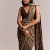 Dark Beige Linen Printed Saree With Authentic Floral Ajrakh Print