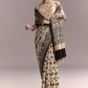 Beige Linen Saree With Black Hand Block Ajrakh Floral Print