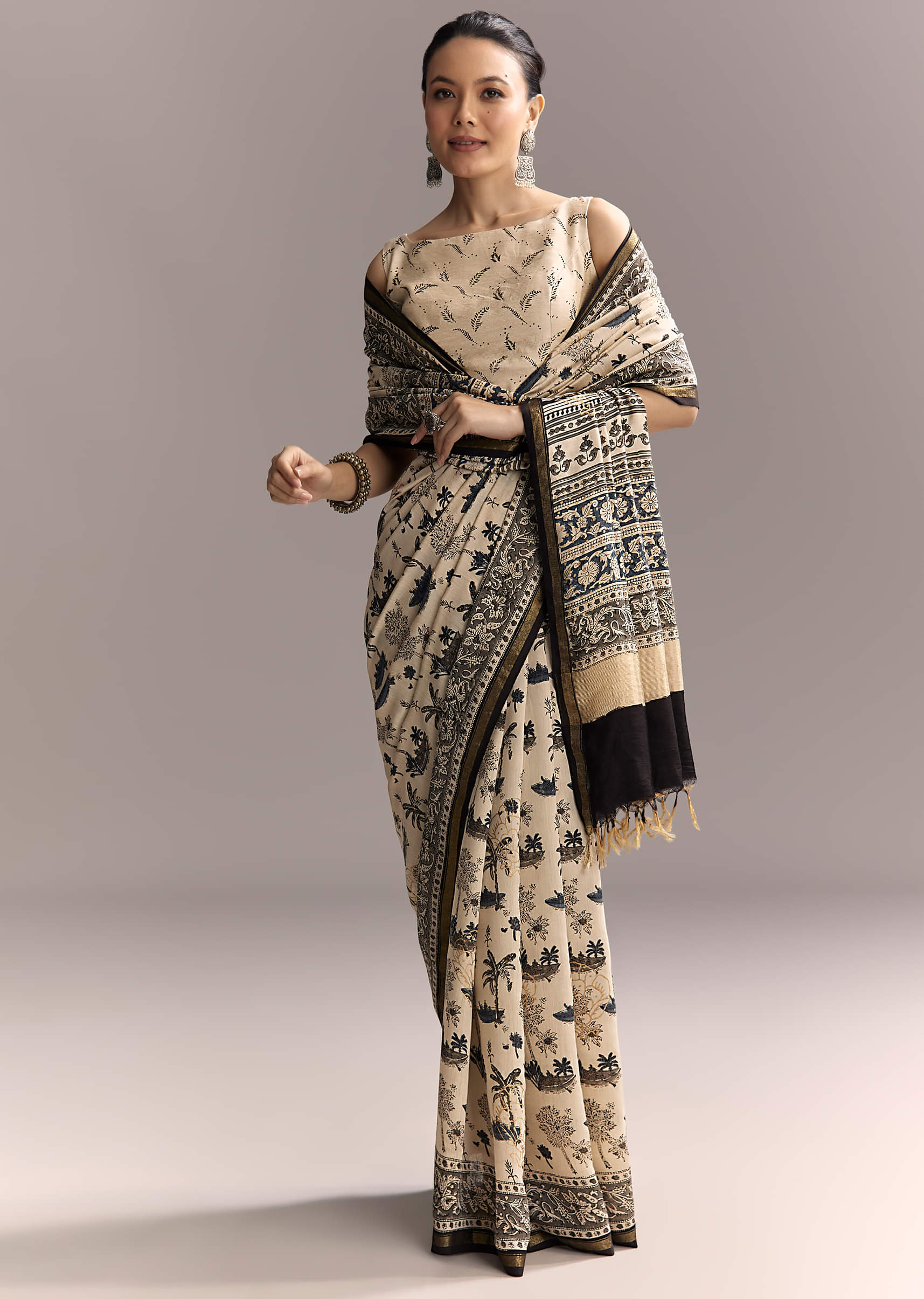 16682-beige-linen-saree-with-black-hand-block-ajrakh-floral-print-1.jpg Beige Linen Saree With Black Hand Block Ajrakh Floral Print