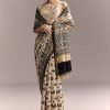 Beige Linen Saree With Black Hand Block Ajrakh Floral Print