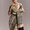 Beige Linen Saree With Black Hand Block Ajrakh Floral Print
