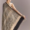 Beige Linen Saree With Black Hand Block Ajrakh Floral Print