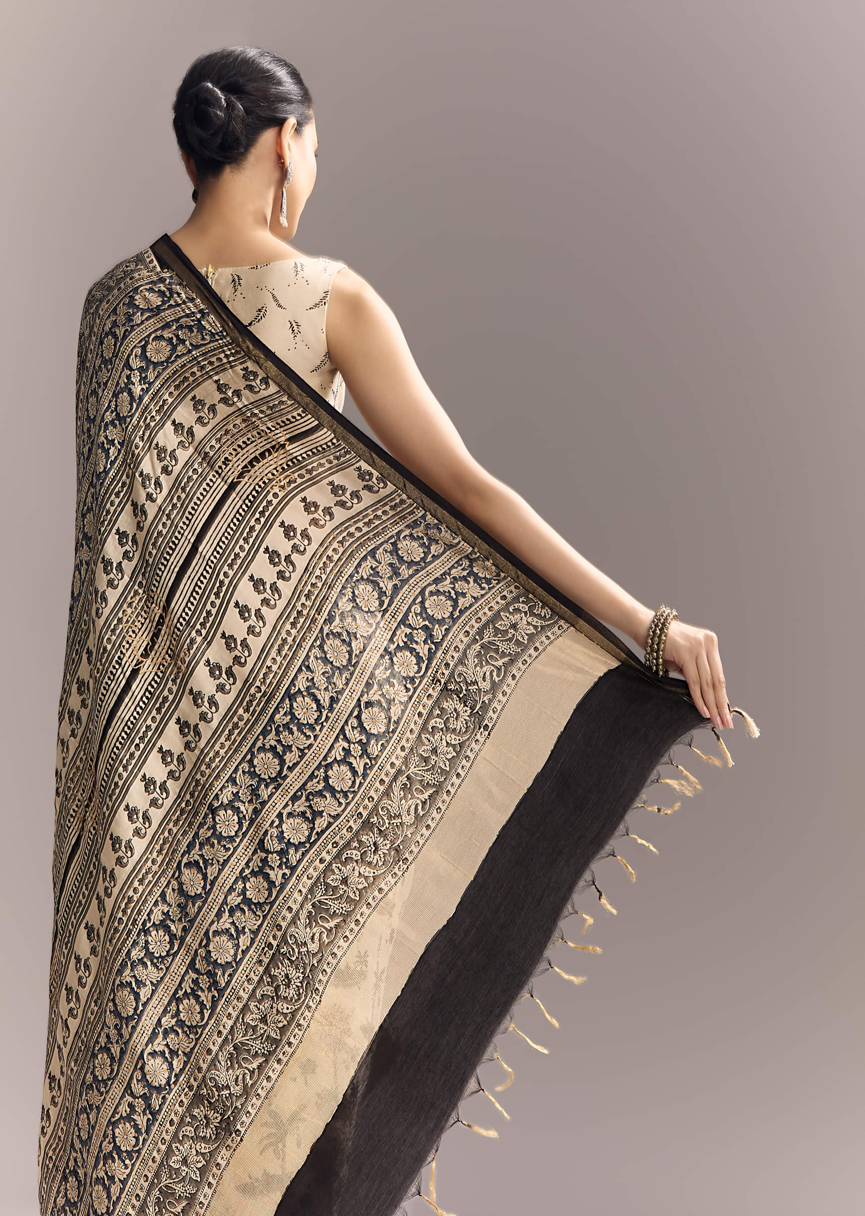 Beige Linen Saree With Black Hand Block Ajrakh Floral Print
