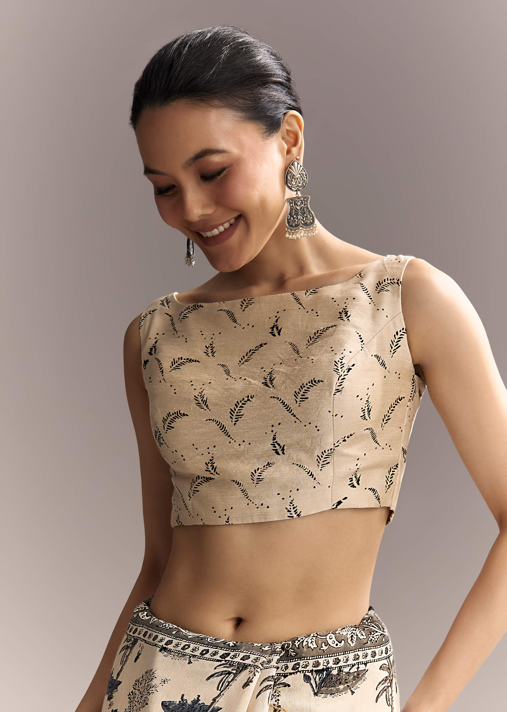 Beige Linen Saree With Black Hand Block Ajrakh Floral Print