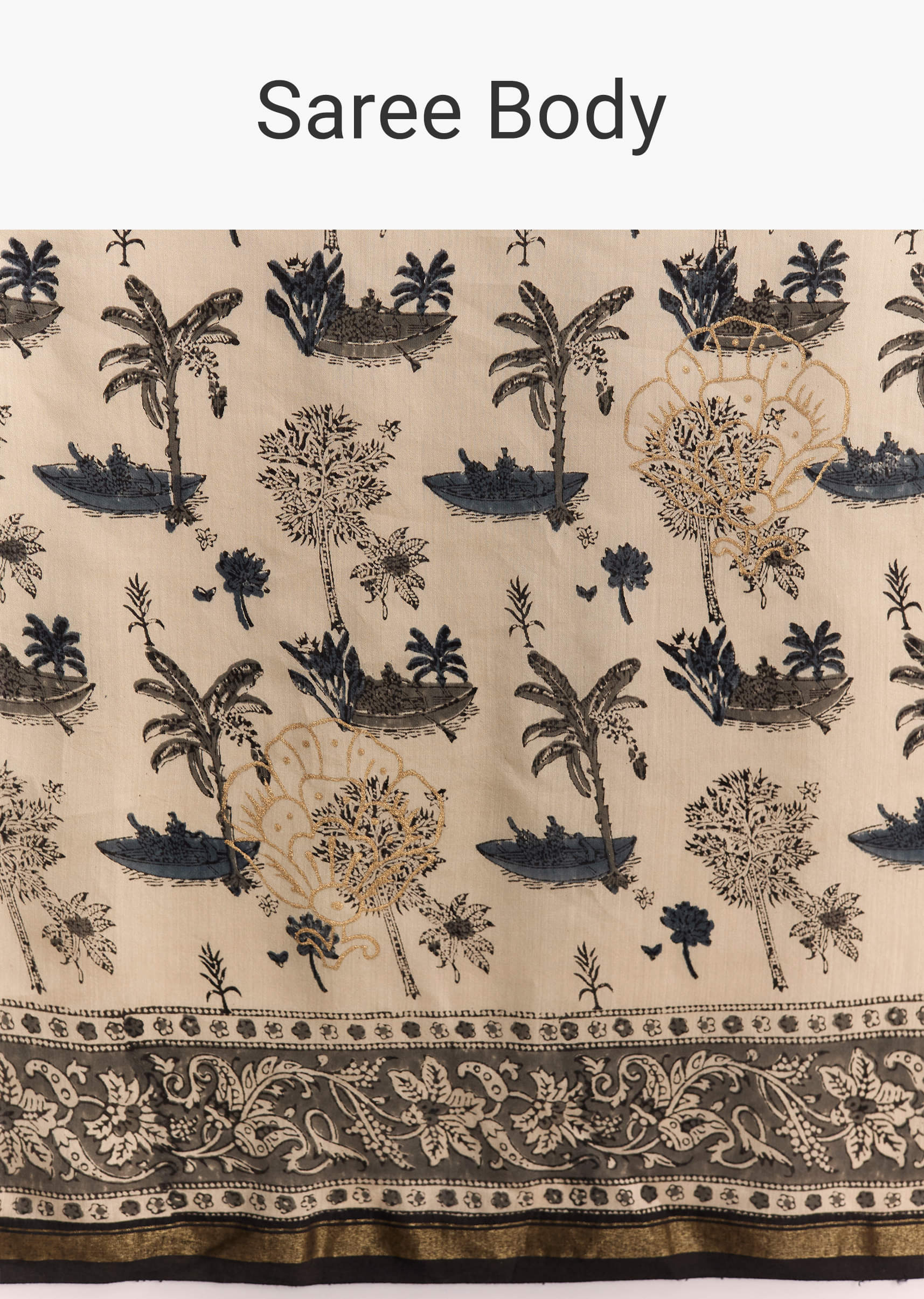Beige Linen Saree With Black Hand Block Ajrakh Floral Print