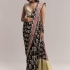 Black Linen Printed Saree With Hand Block Ajrakh Leaf Print
