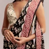 Black Linen Printed Saree With Hand Block Ajrakh Leaf Print