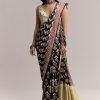 Black Linen Printed Saree With Hand Block Ajrakh Leaf Print