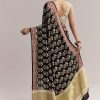 Black Linen Printed Saree With Hand Block Ajrakh Leaf Print