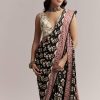 Black Linen Printed Saree With Hand Block Ajrakh Leaf Print