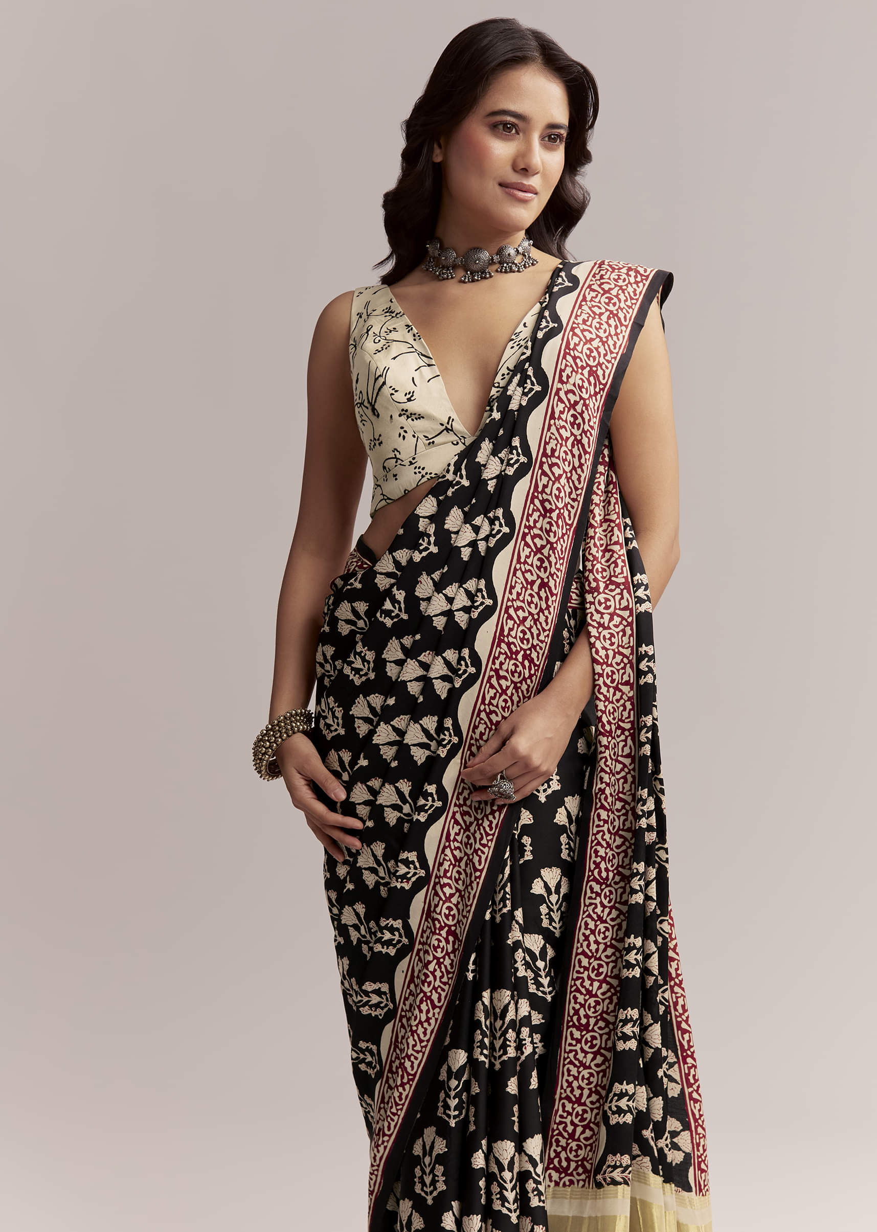 Black Linen Printed Saree With Hand Block Ajrakh Leaf Print