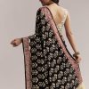 Black Linen Printed Saree With Hand Block Ajrakh Leaf Print