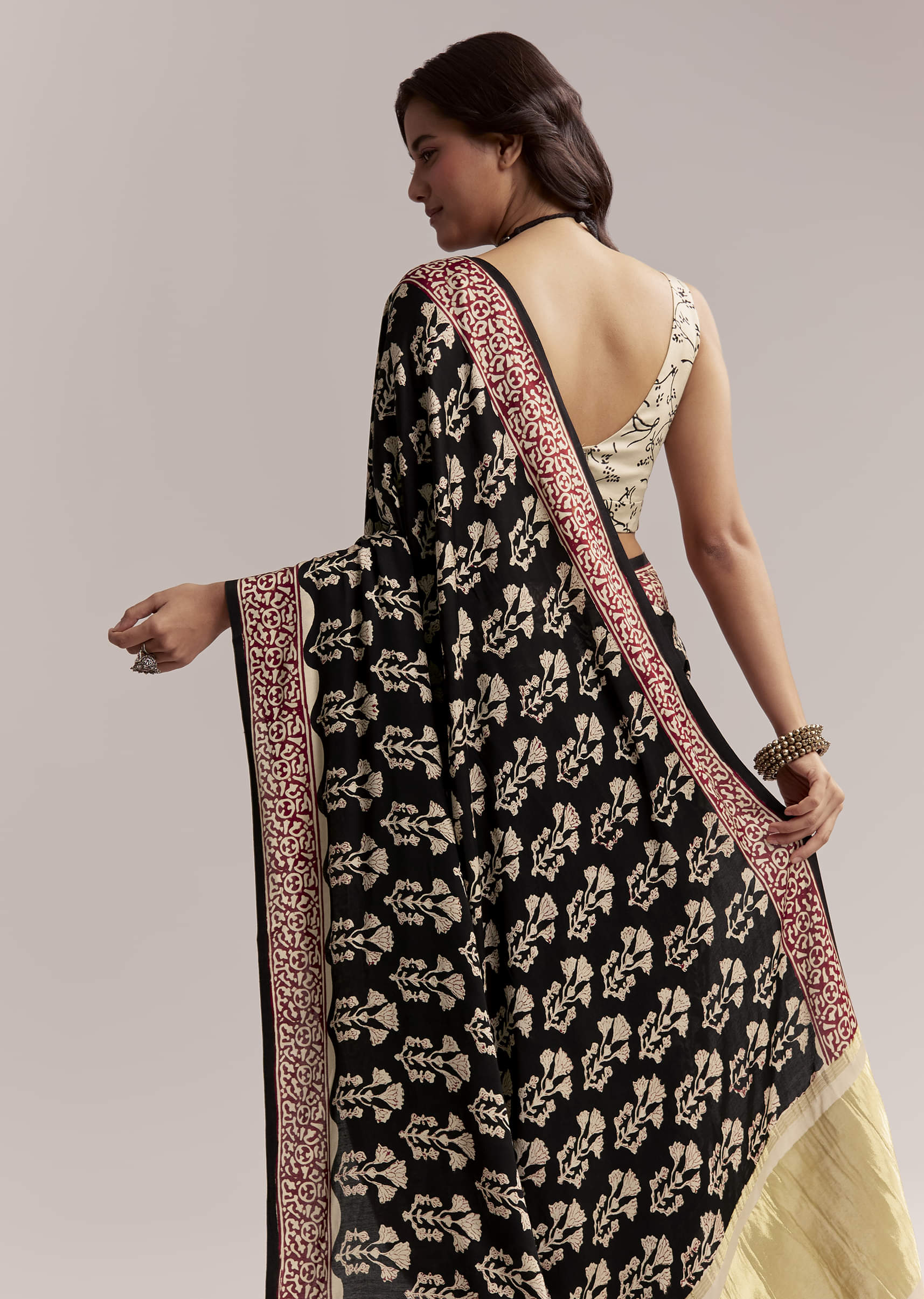 Black Linen Printed Saree With Hand Block Ajrakh Leaf Print