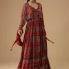 Red Hand Dyed Ajrakh Gown with Jacket and Scarf