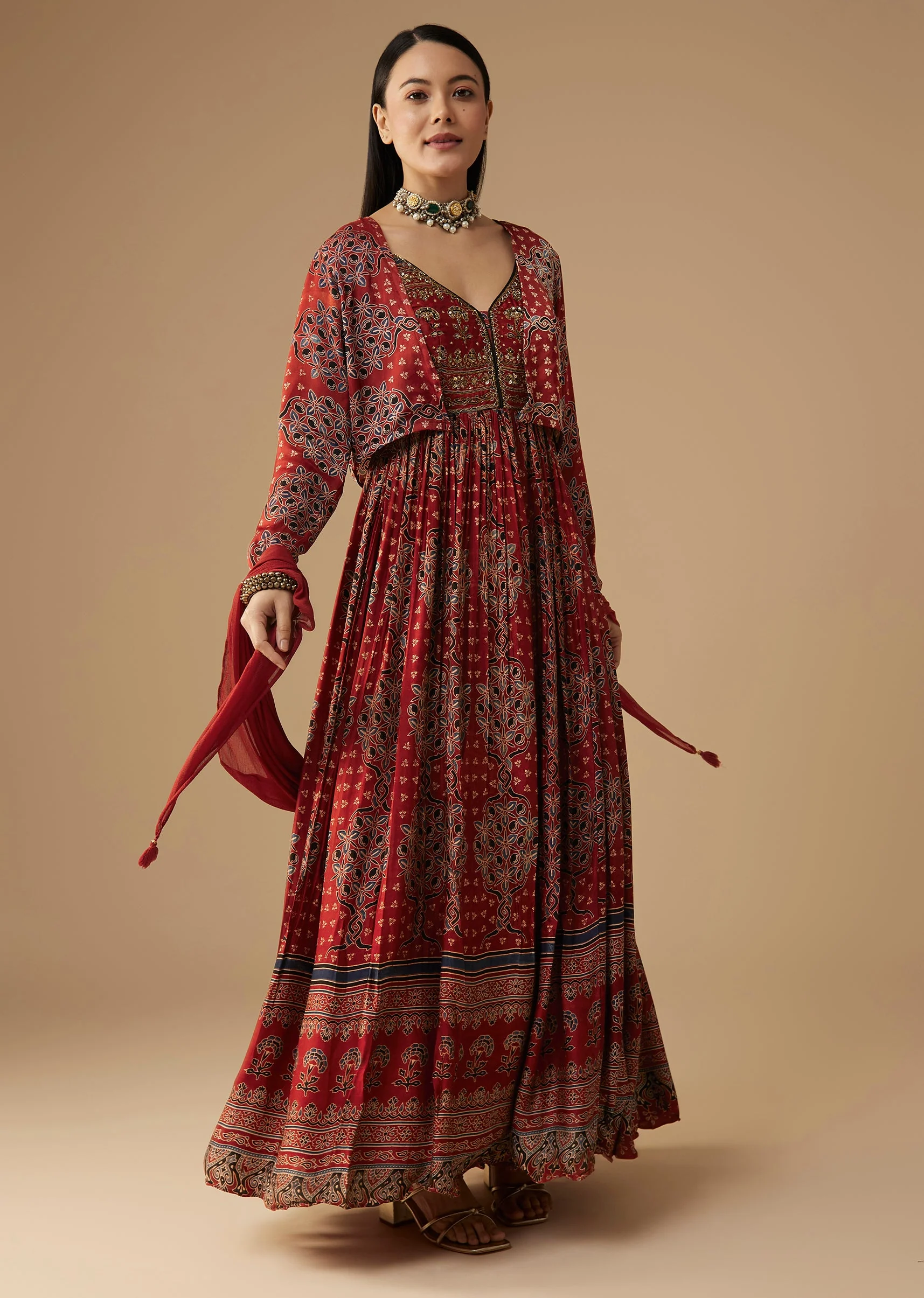 16714-red-hand-dyed-ajrakh-gown-with-jacket-and-scarf-1.webp Red Hand Dyed Ajrakh Gown with Jacket and Scarf