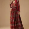 Red Hand Dyed Ajrakh Gown with Jacket and Scarf
