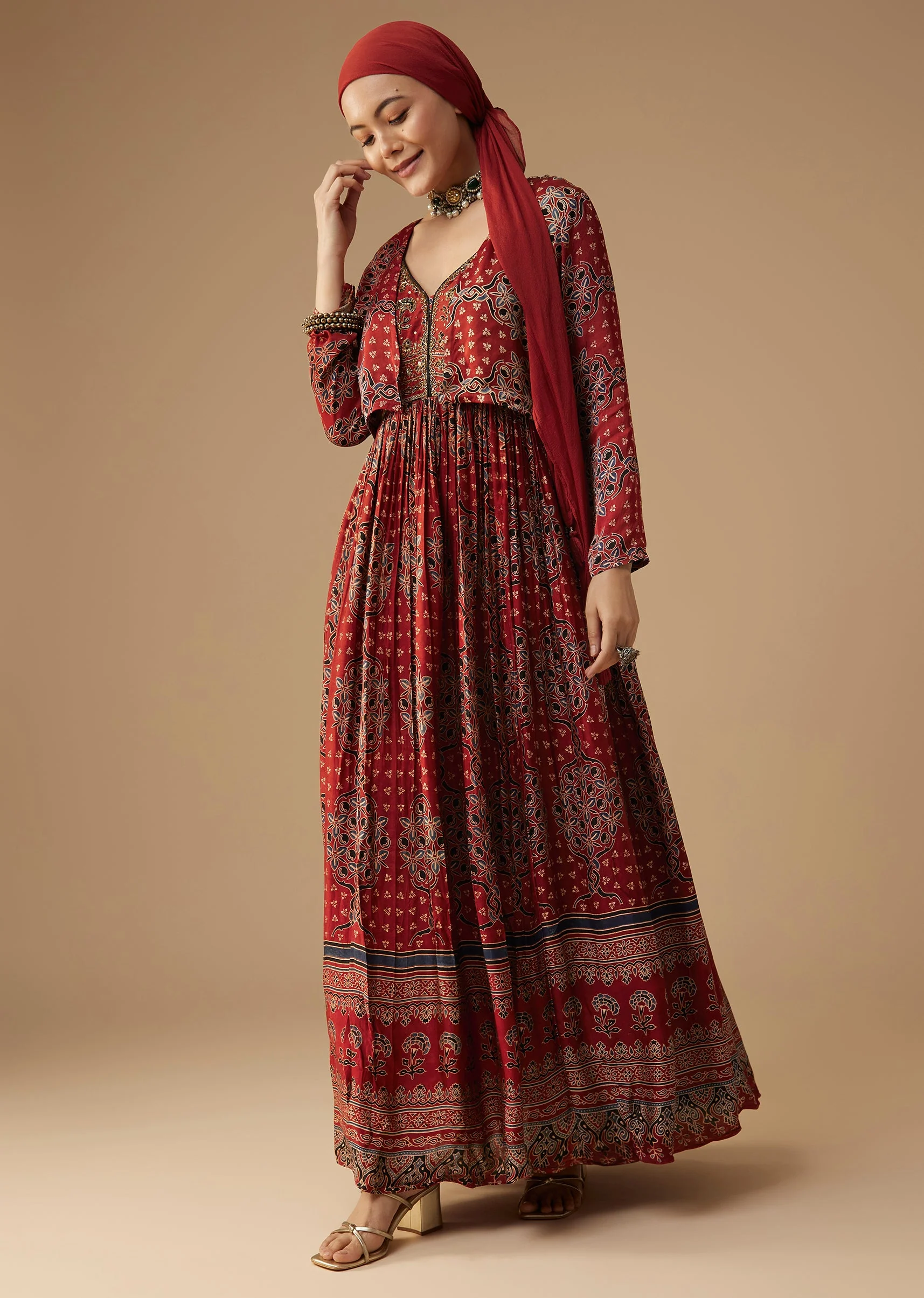 Red Hand Dyed Ajrakh Gown with Jacket and Scarf