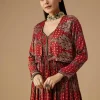 Red Hand Dyed Ajrakh Gown with Jacket and Scarf