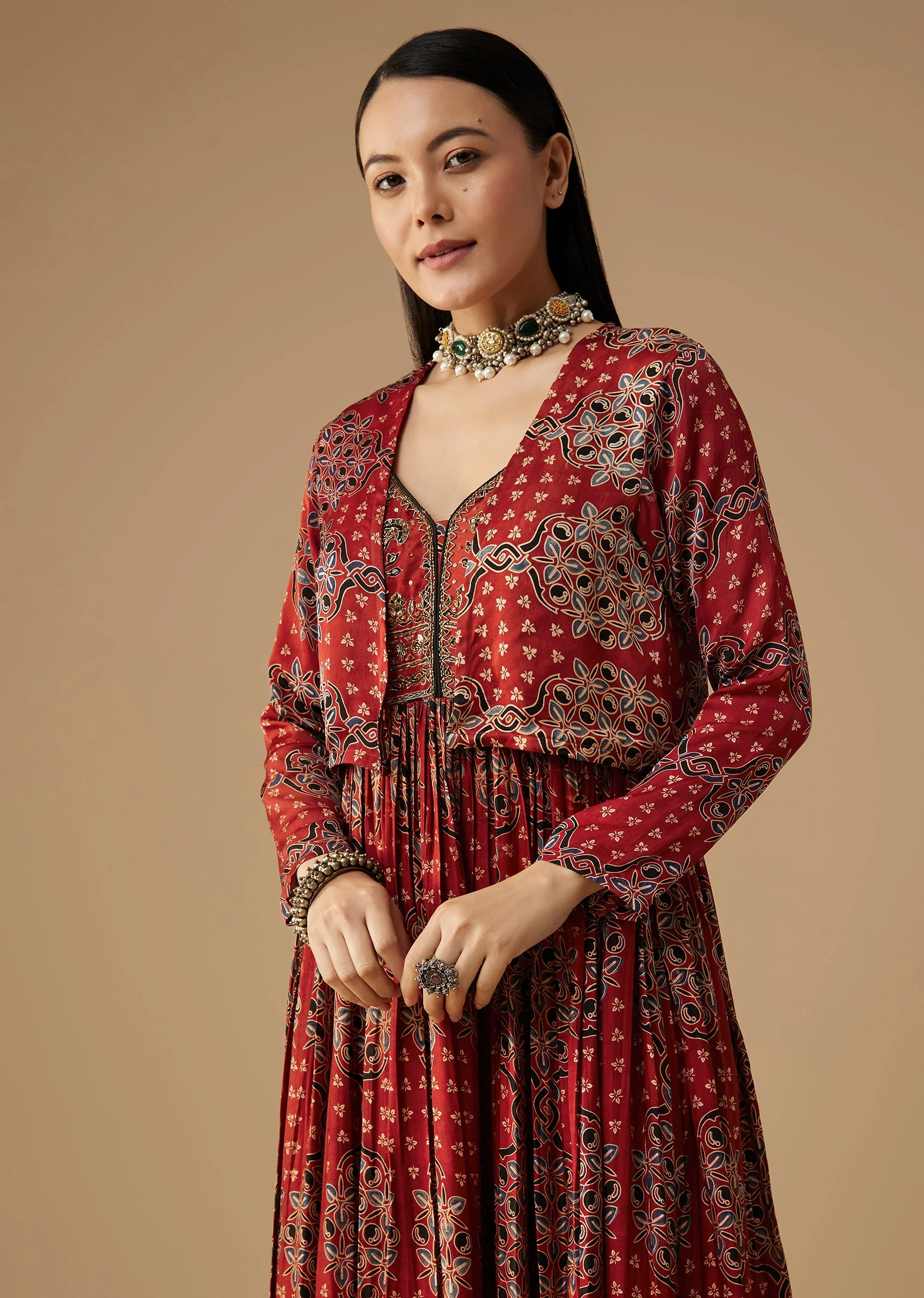 Red Hand Dyed Ajrakh Gown with Jacket and Scarf