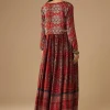 Red Hand Dyed Ajrakh Gown with Jacket and Scarf