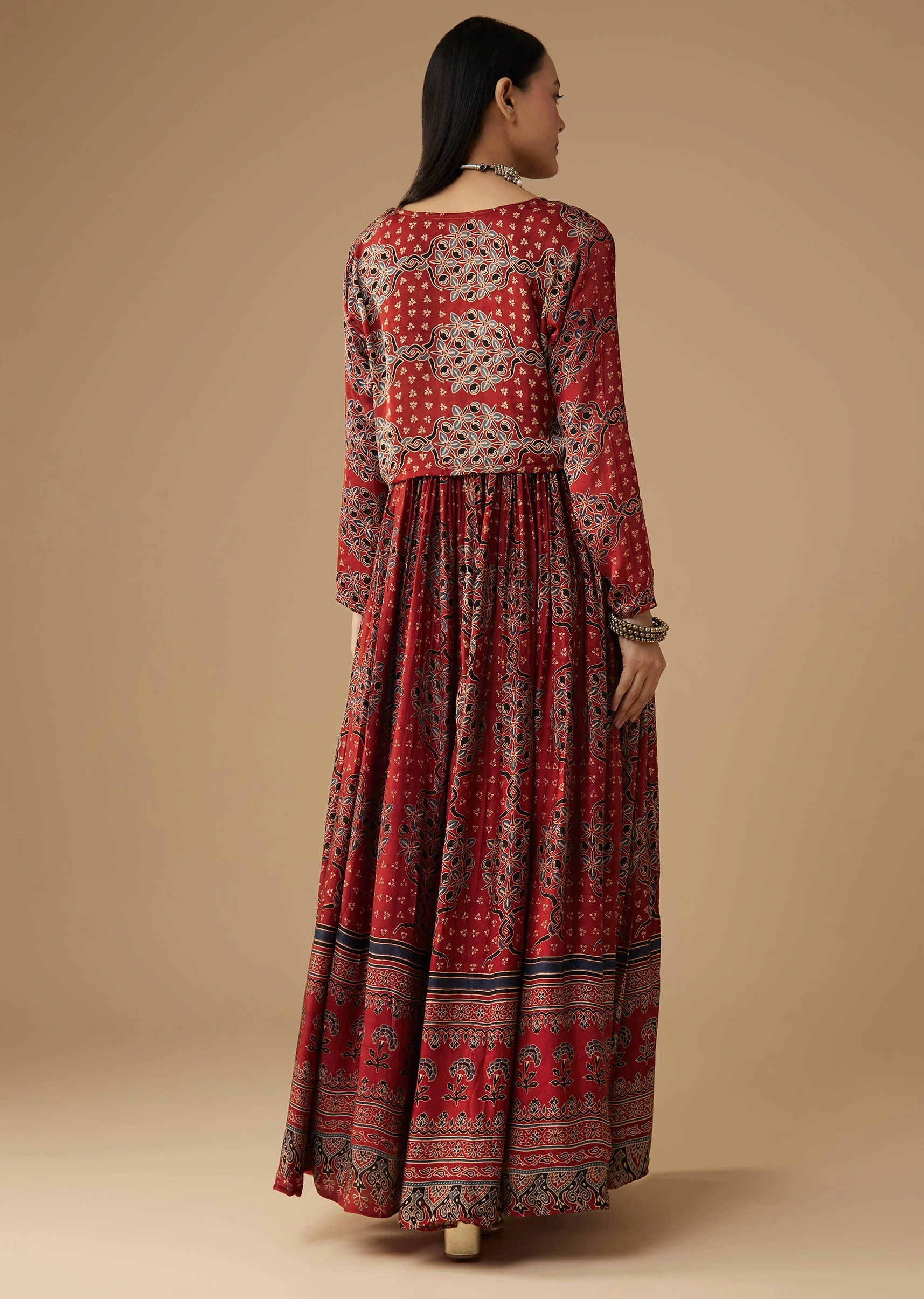 Red Hand Dyed Ajrakh Gown with Jacket and Scarf