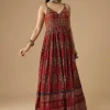 Red Hand Dyed Ajrakh Gown with Jacket and Scarf