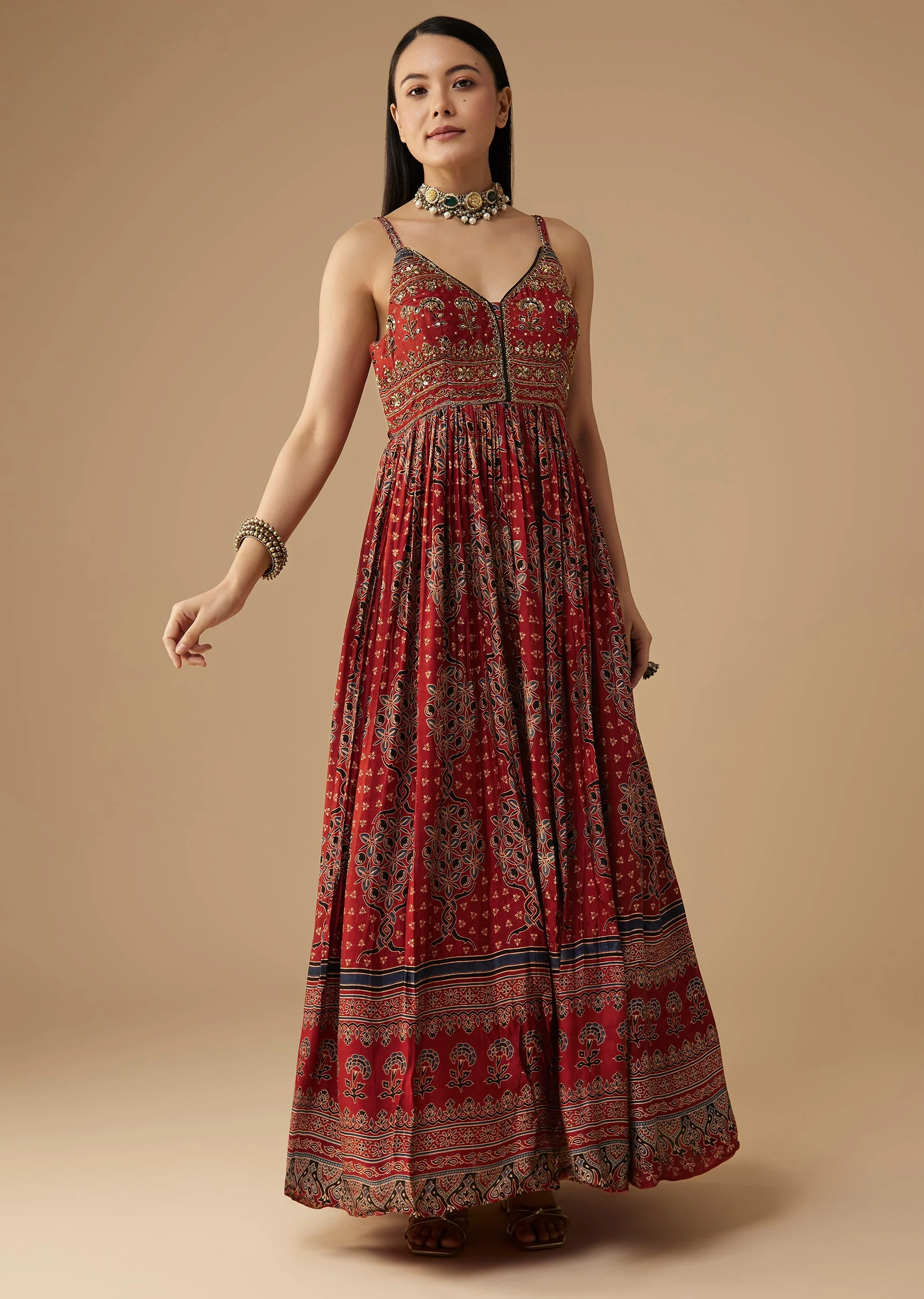 Red Hand Dyed Ajrakh Gown with Jacket and Scarf