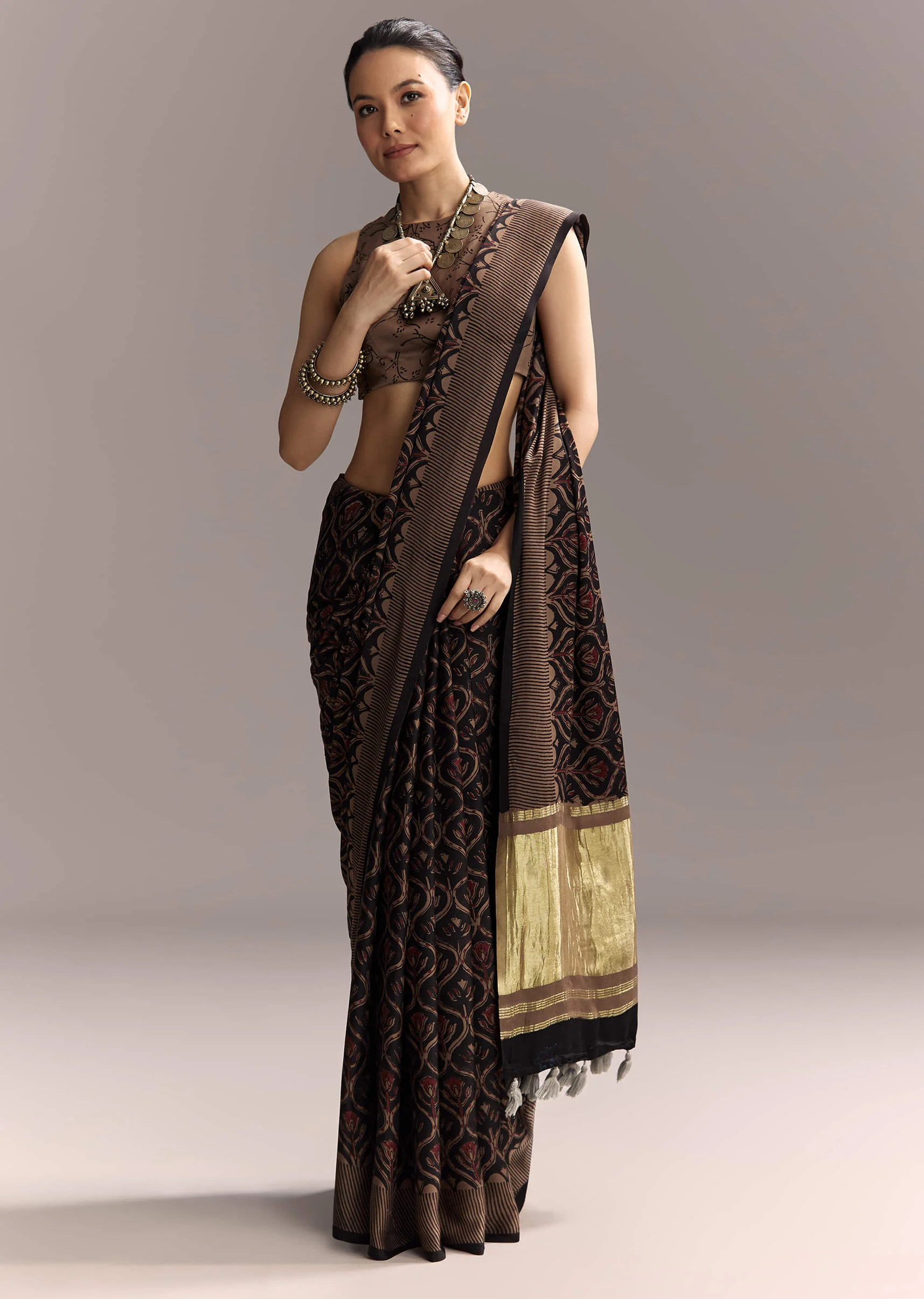 16721-black-linen-saree-with-authentic-ajrakh-print-and-golden-pallu-1.webp Black Linen Saree With Authentic Ajrakh Print And Golden Pallu