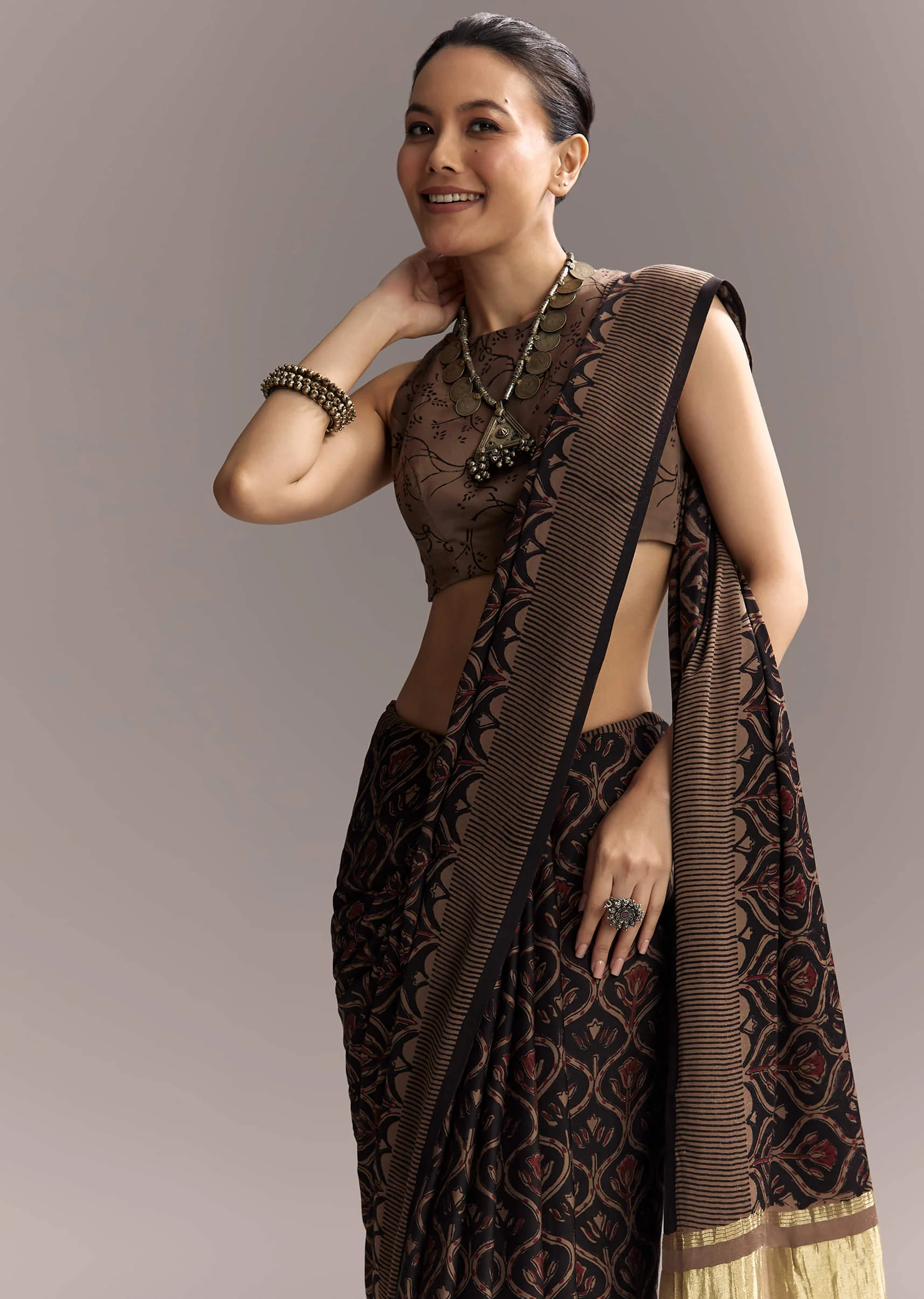 Black Linen Saree With Authentic Ajrakh Print And Golden Pallu