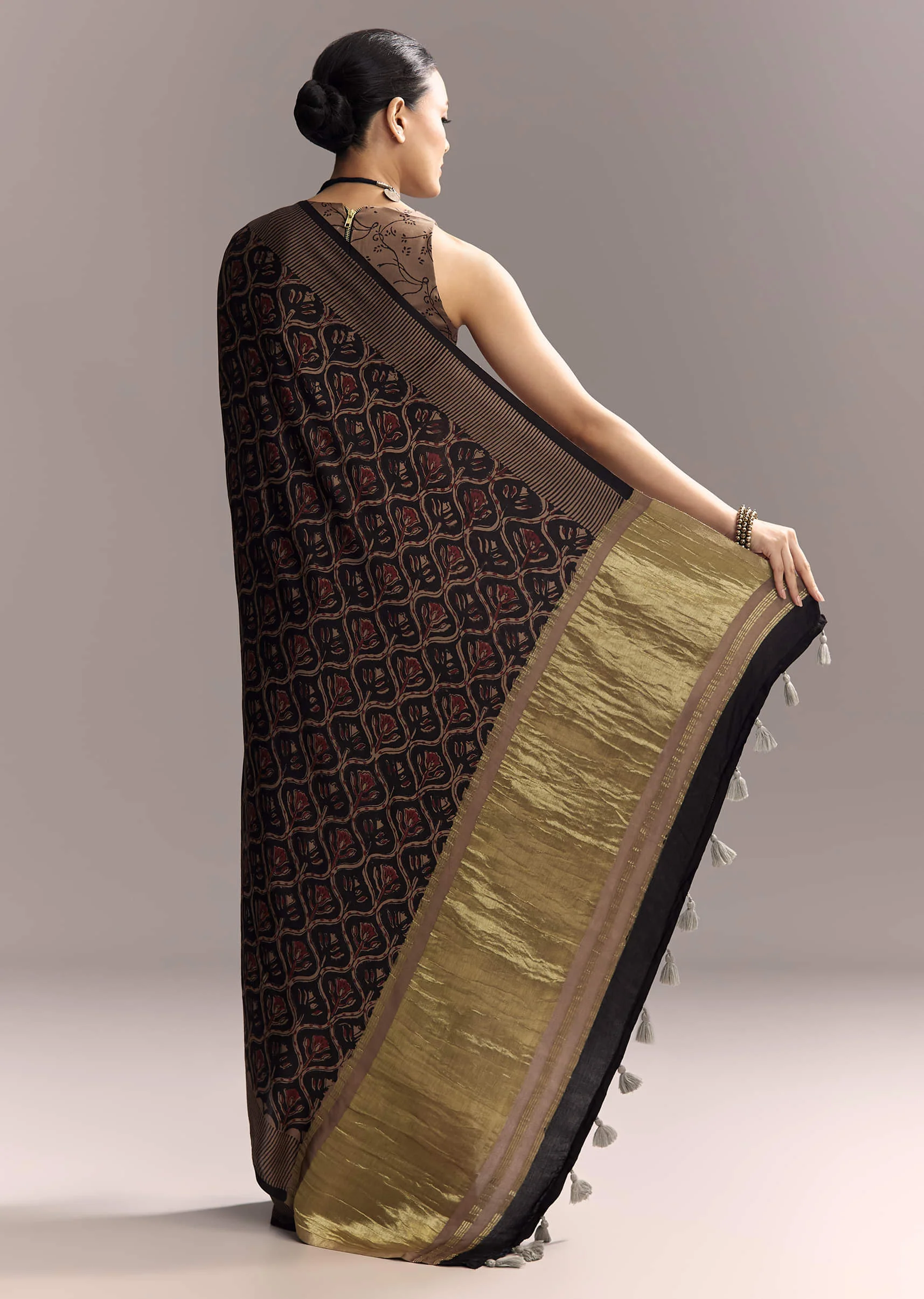 Black Linen Saree With Authentic Ajrakh Print And Golden Pallu