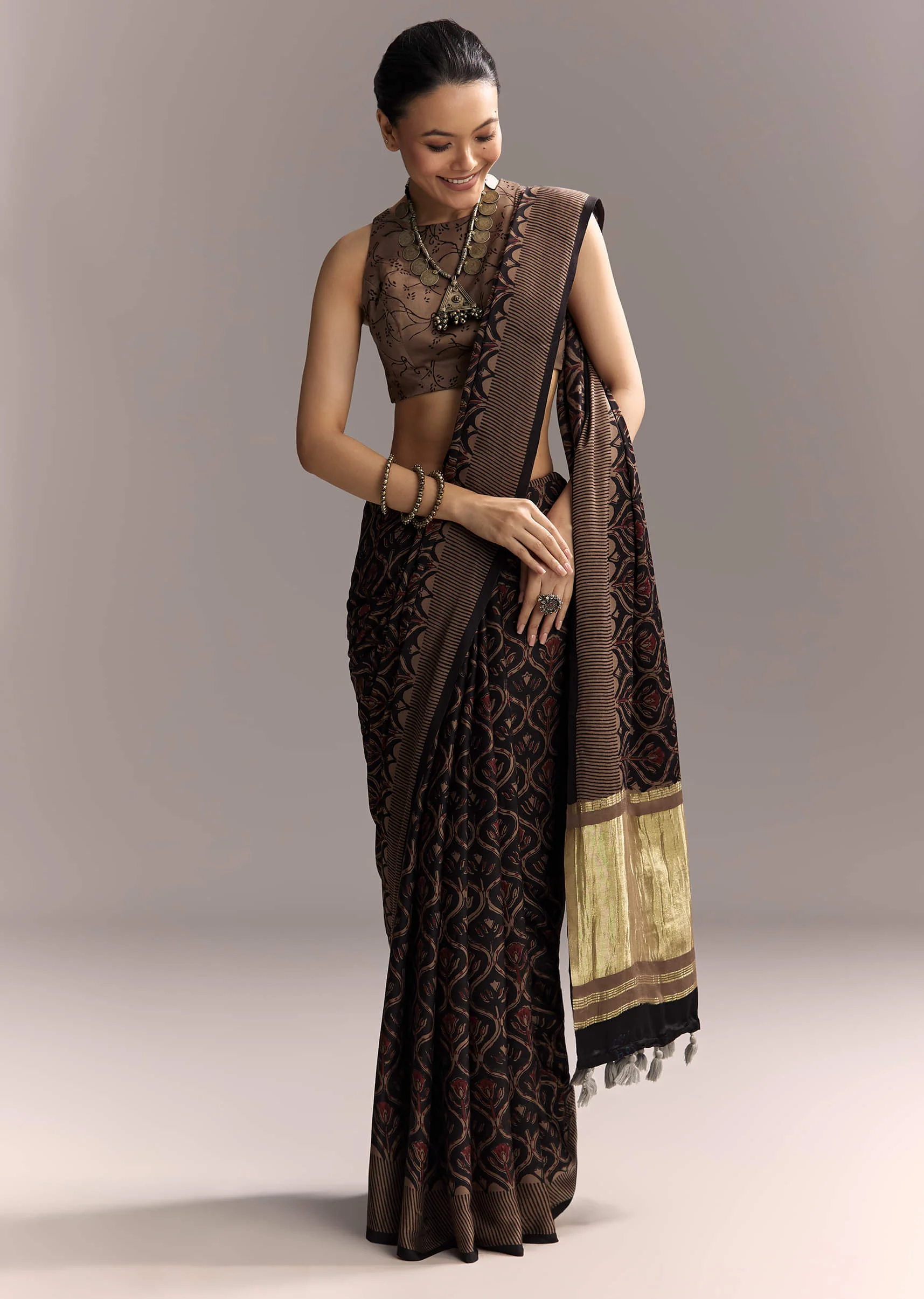 Black Linen Saree With Authentic Ajrakh Print And Golden Pallu