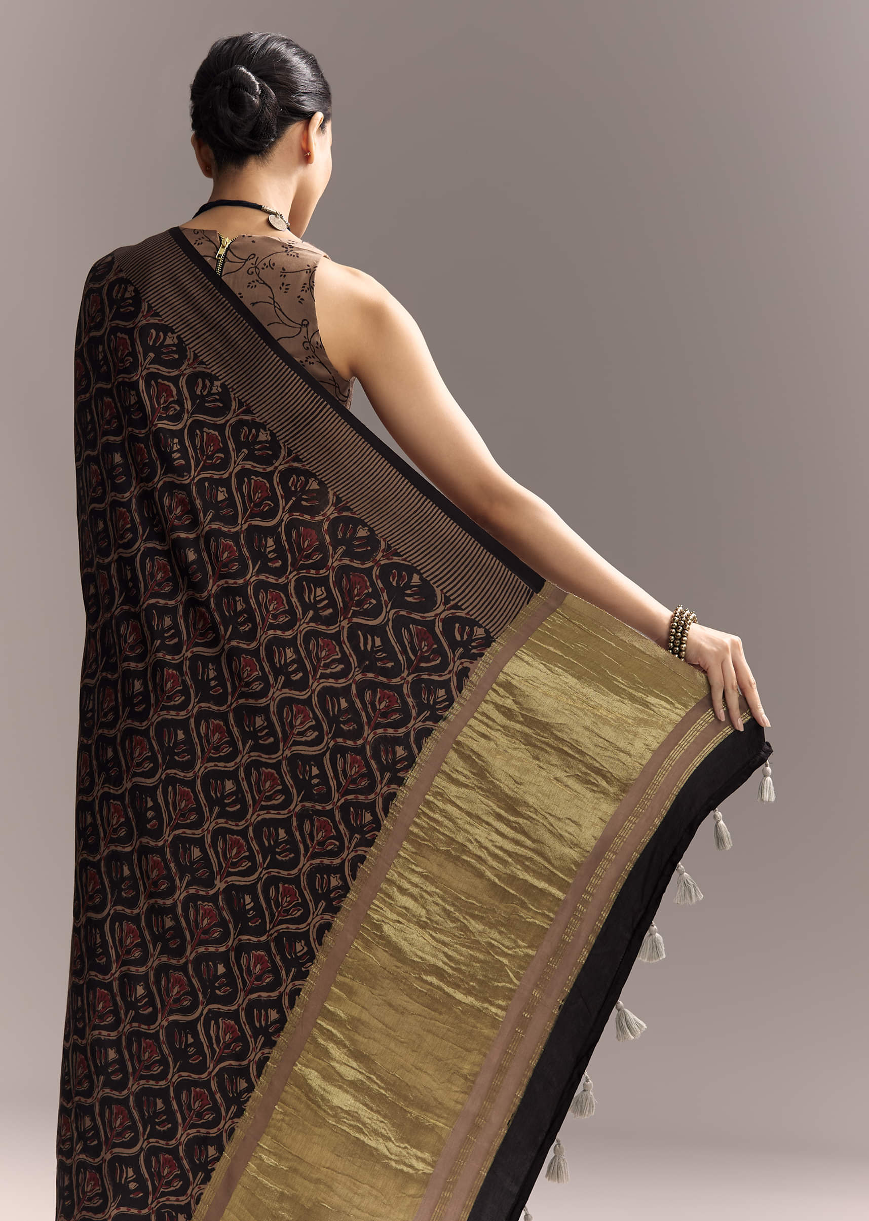 Black Linen Saree With Authentic Ajrakh Print And Golden Pallu
