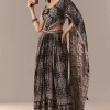 Black Ajrakh Pre Draped Saree Set With Mirror Work Blouse