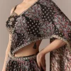 Black Ajrakh Pre Draped Saree Set With Mirror Work Blouse