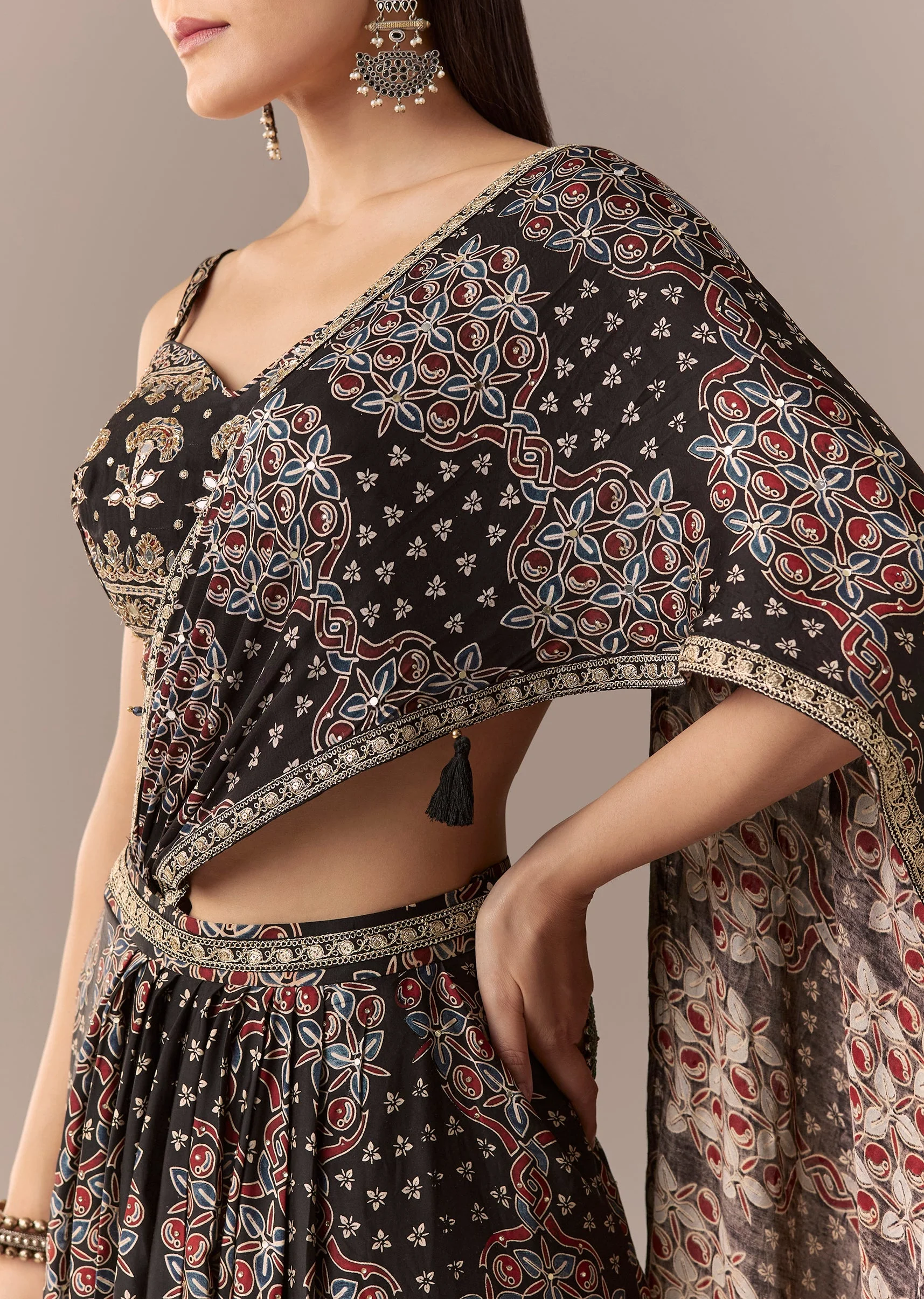 Black Ajrakh Pre Draped Saree Set With Mirror Work Blouse