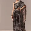 Black Ajrakh Pre Draped Saree Set With Mirror Work Blouse
