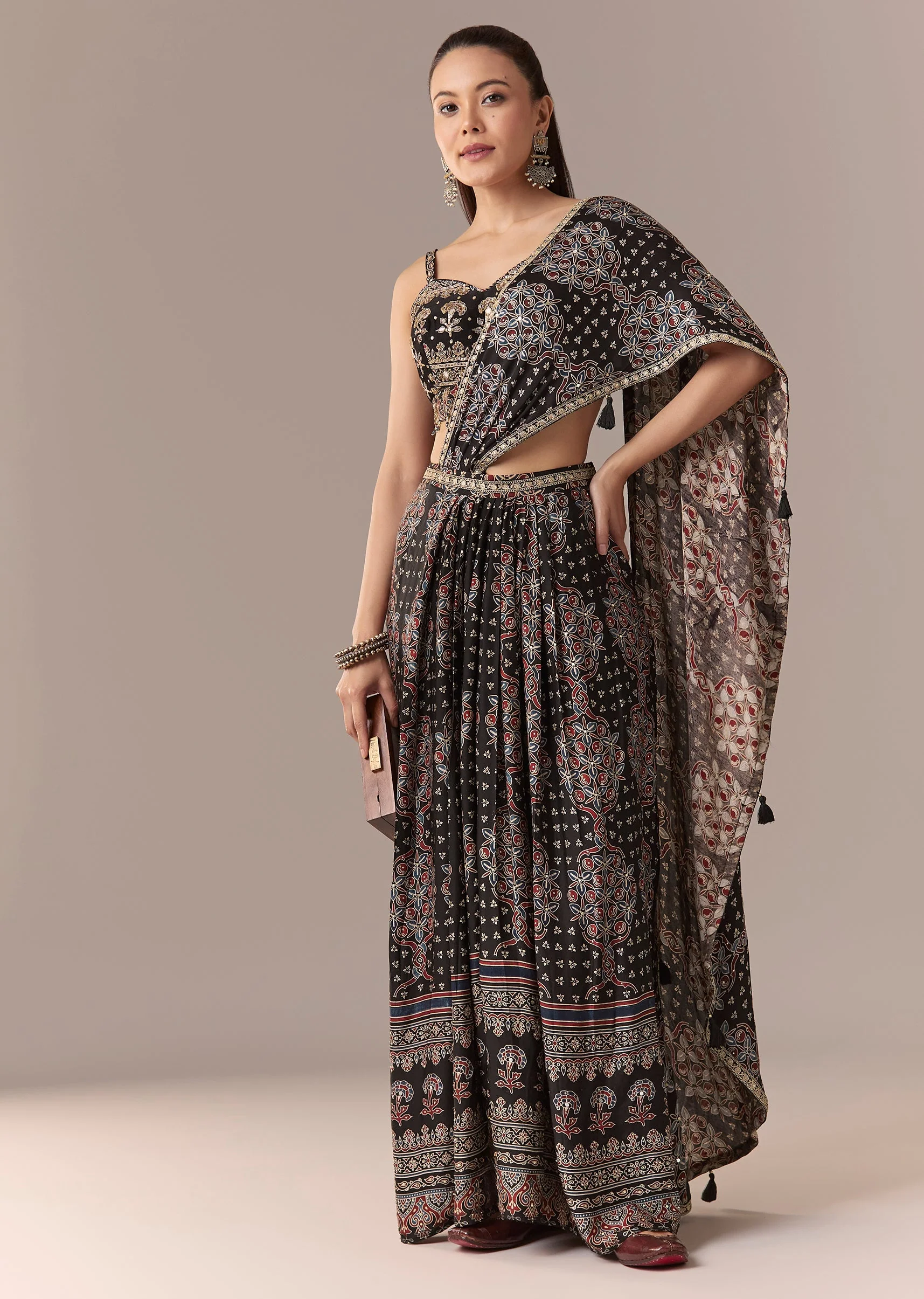 Black Ajrakh Pre Draped Saree Set With Mirror Work Blouse