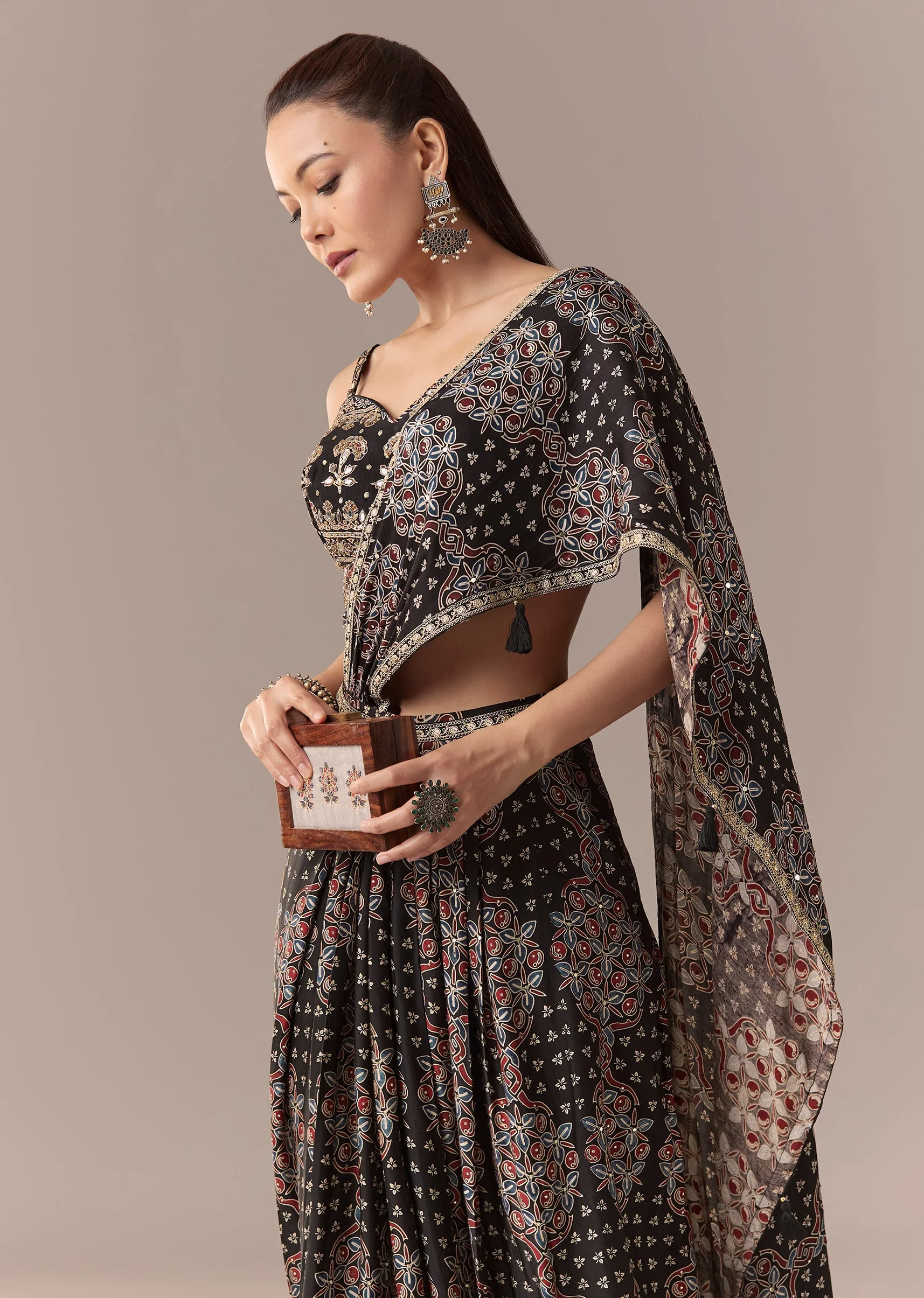 Black Ajrakh Pre Draped Saree Set With Mirror Work Blouse