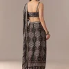 Black Ajrakh Pre Draped Saree Set With Mirror Work Blouse