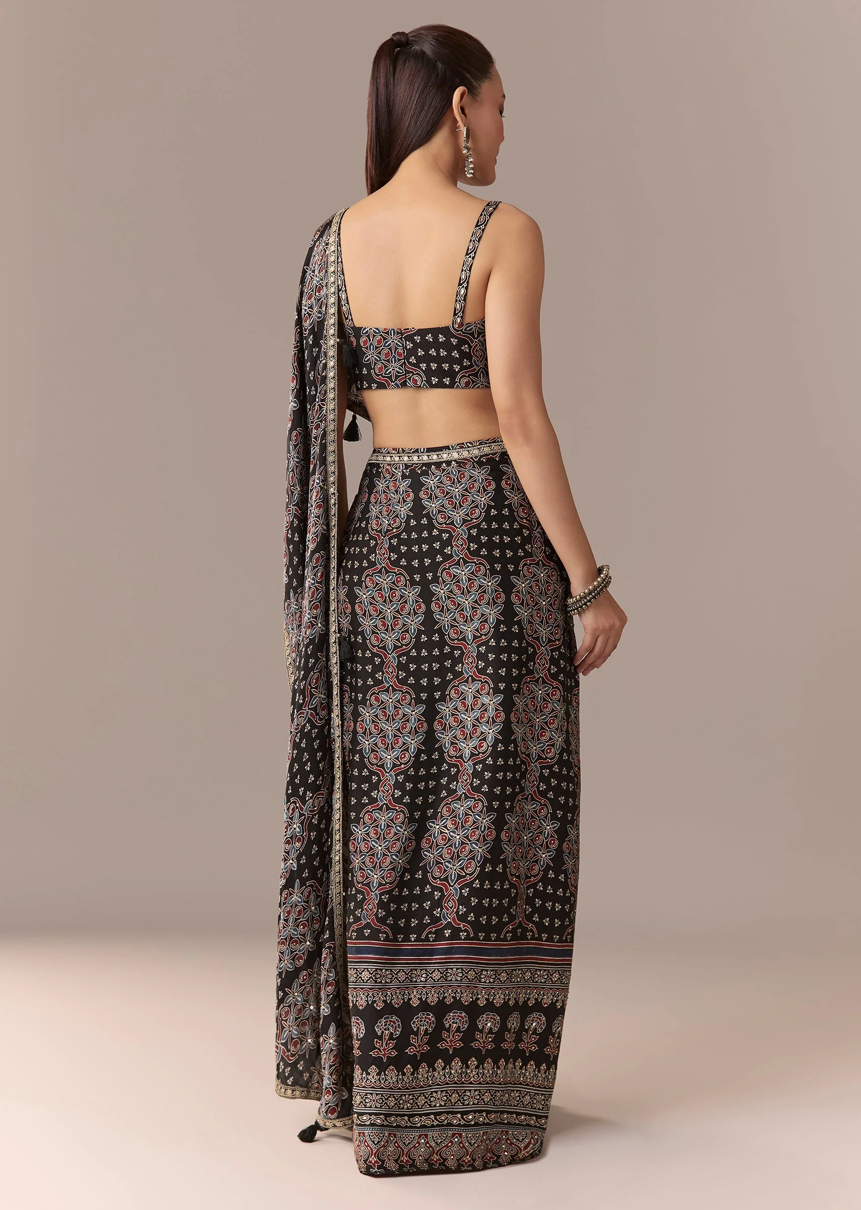 Black Ajrakh Pre Draped Saree Set With Mirror Work Blouse