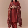 Maroon Linen Kurta Set with Handblock Ajrakh Dupatta