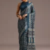 Teal Satin Ajrakh Print Saree With Mirror Embellished Border And Pallu
