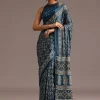 Teal Satin Ajrakh Print Saree With Mirror Embellished Border And Pallu
