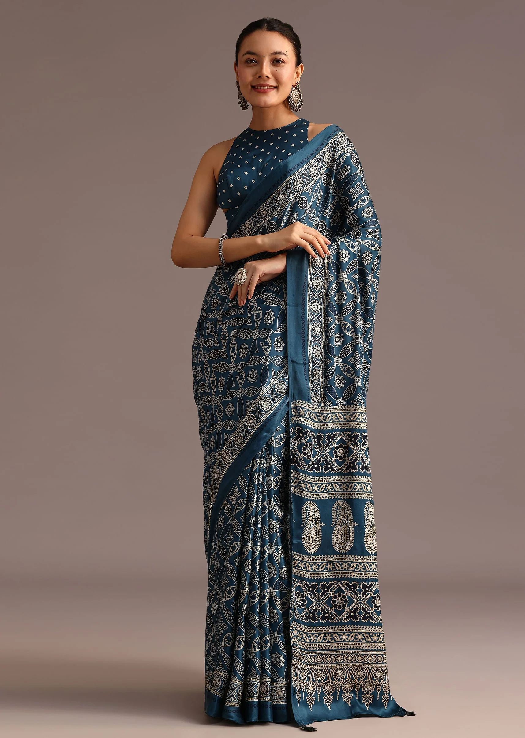 Teal Satin Ajrakh Print Saree With Mirror Embellished Border And Pallu