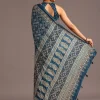 Teal Satin Ajrakh Print Saree With Mirror Embellished Border And Pallu