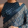 Teal Satin Ajrakh Print Saree With Mirror Embellished Border And Pallu